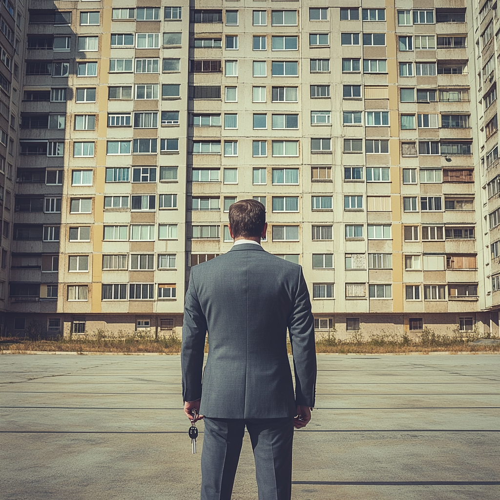 Property manager man in business suit with keys