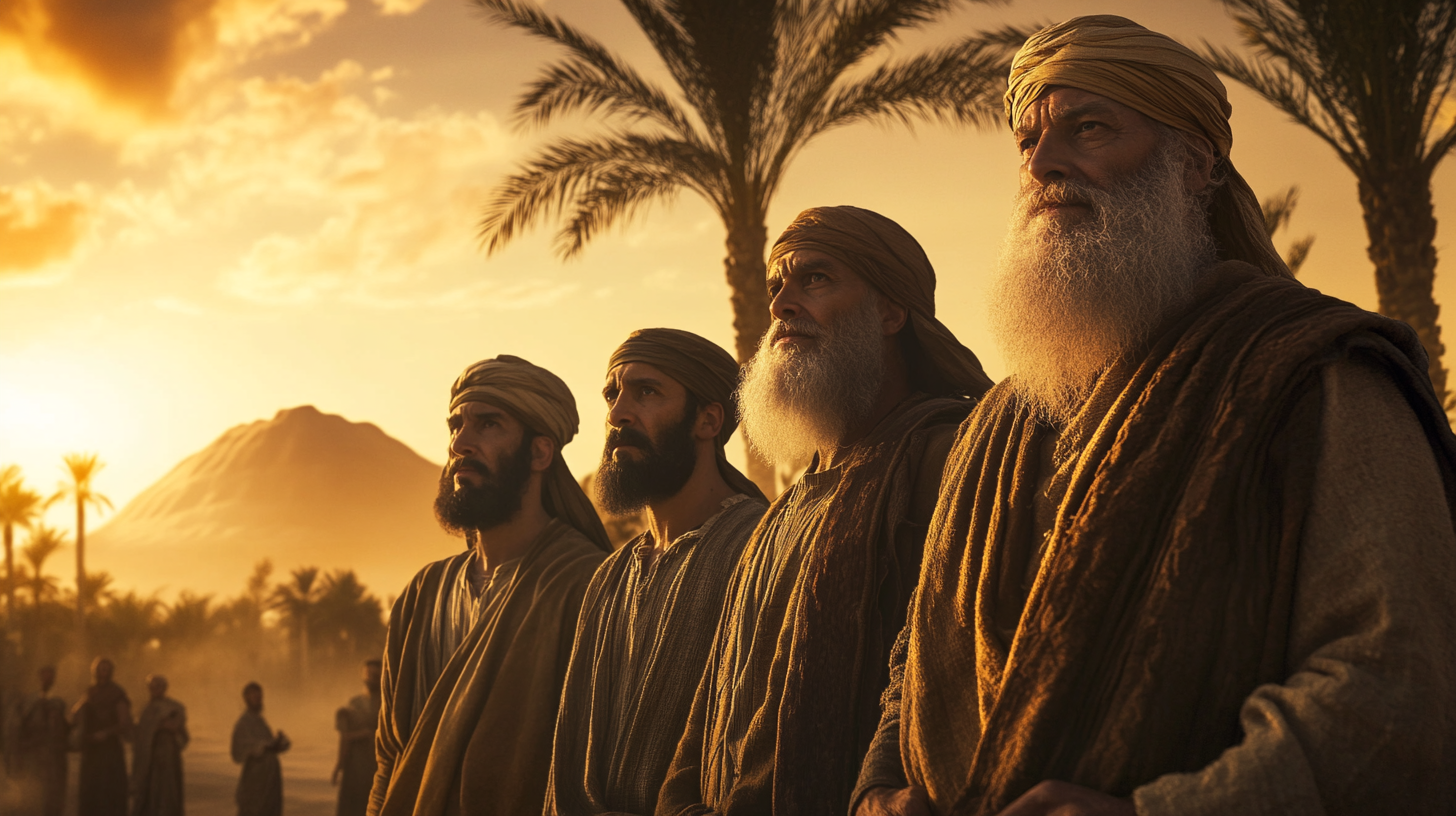 Prophet Noah and Sons in Desert at Sunrise