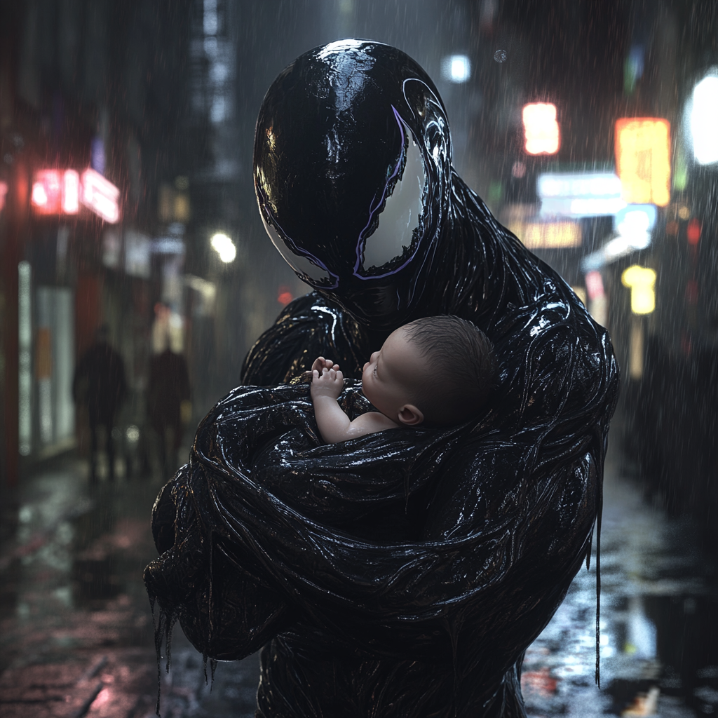 Protective Venom-like female with baby in symbiote form, gentleness.