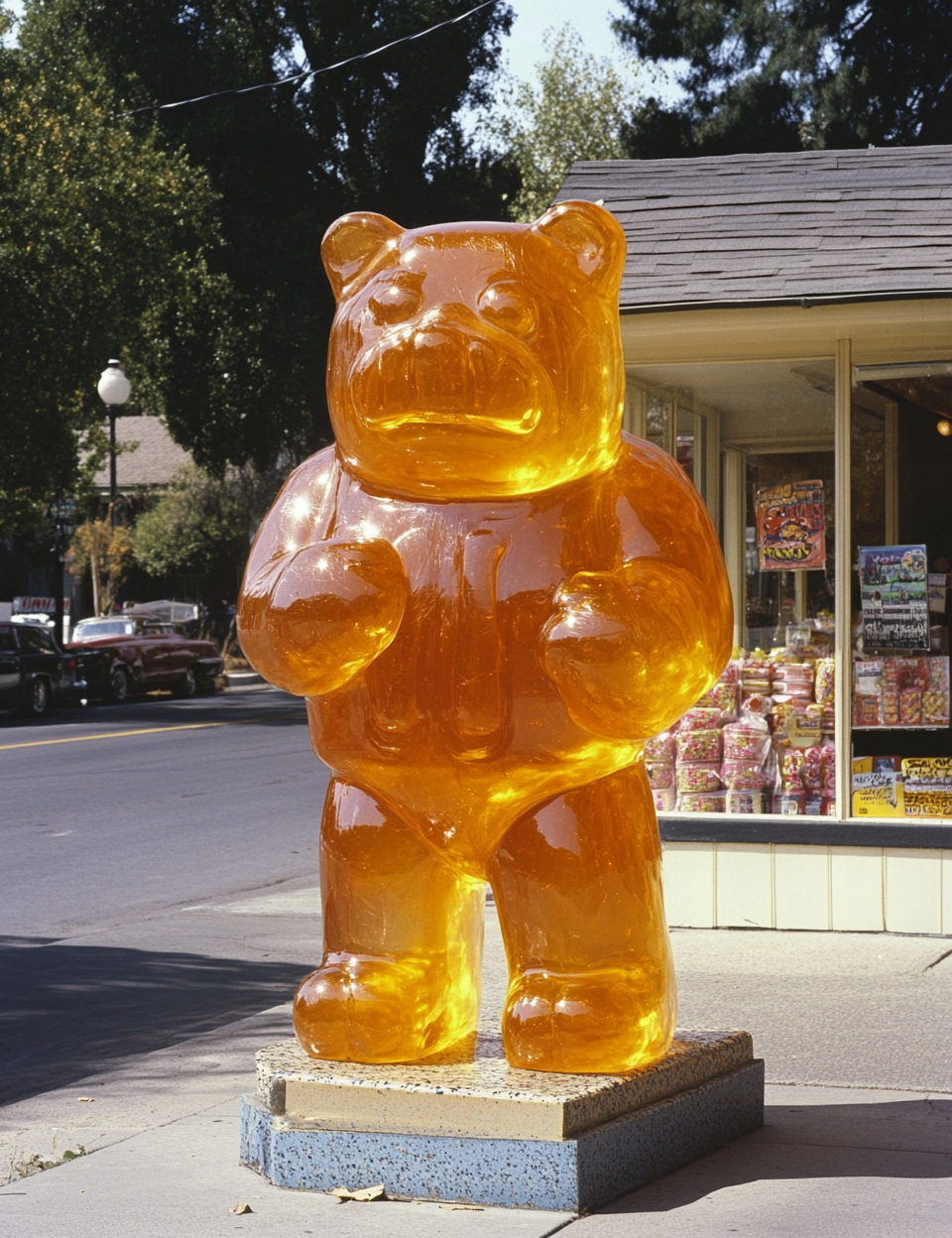 Protesting Ocelot-Coyote-Man Made of Gummy outside Candy Store