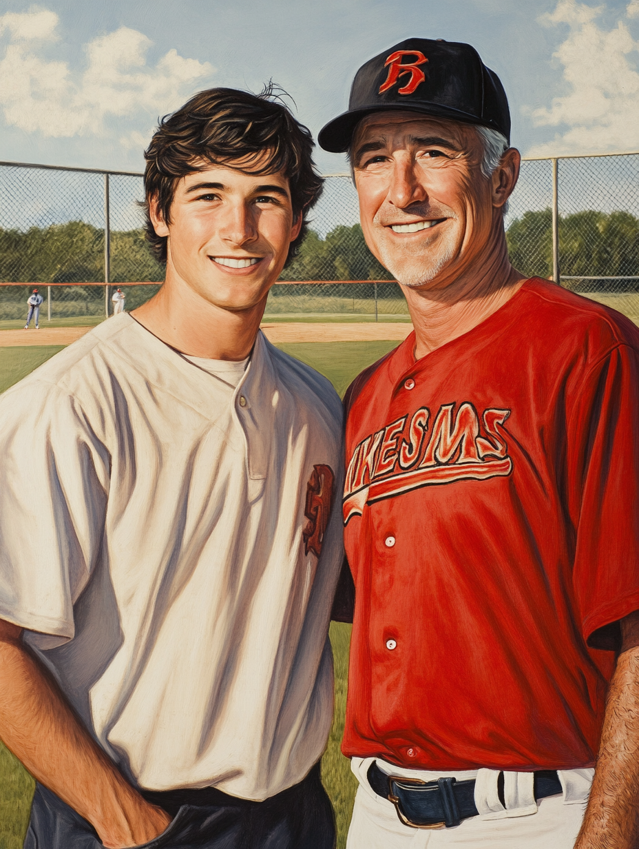 Proud father and son in baseball uniform portrait.