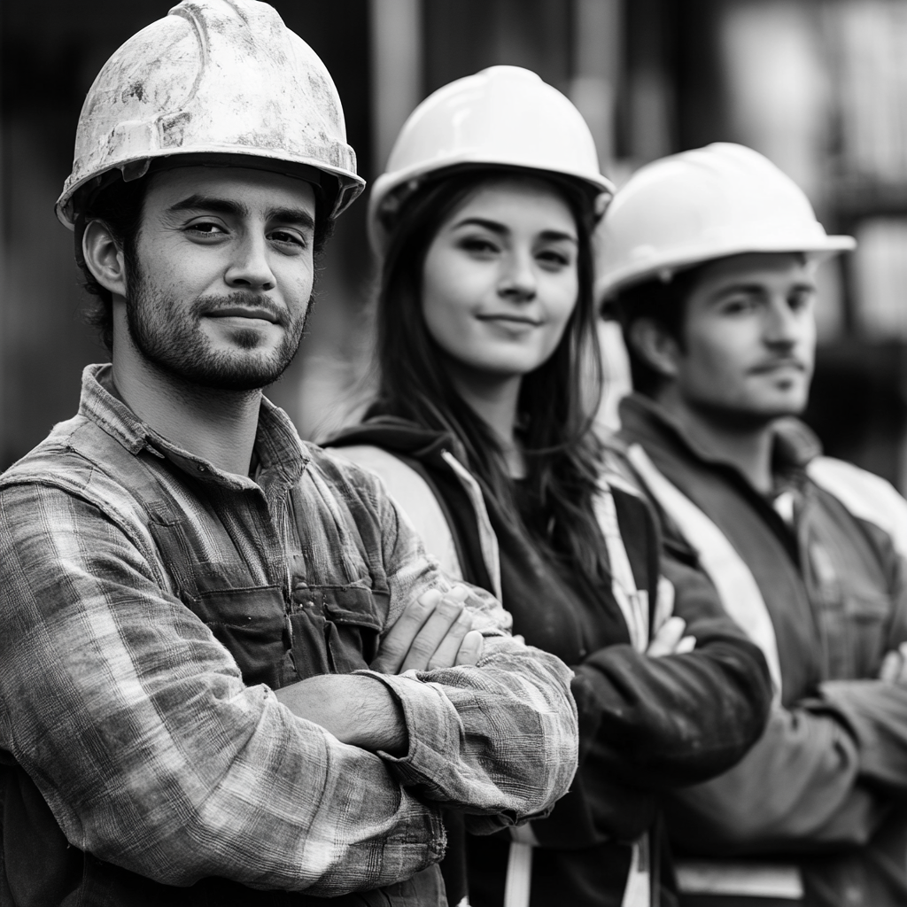 Proud multicultural workers in construction sector with folded hands.