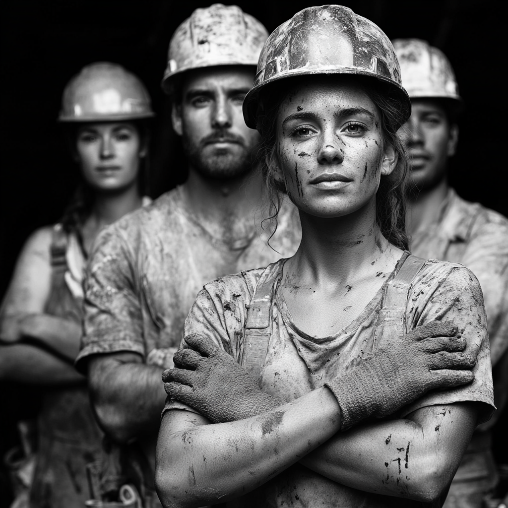 Proud multicultural workers in dirty builder's clothes.