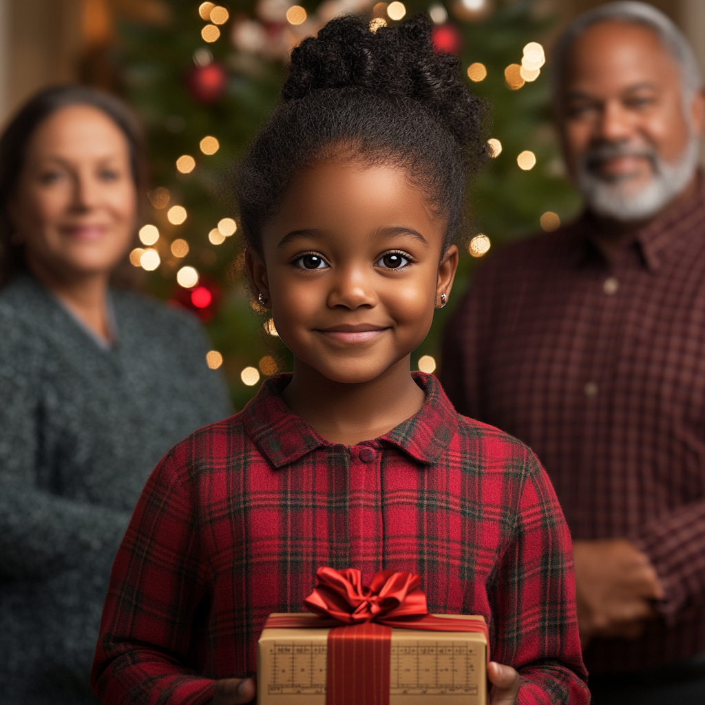 Proud parents watch girl with practical Christmas gift