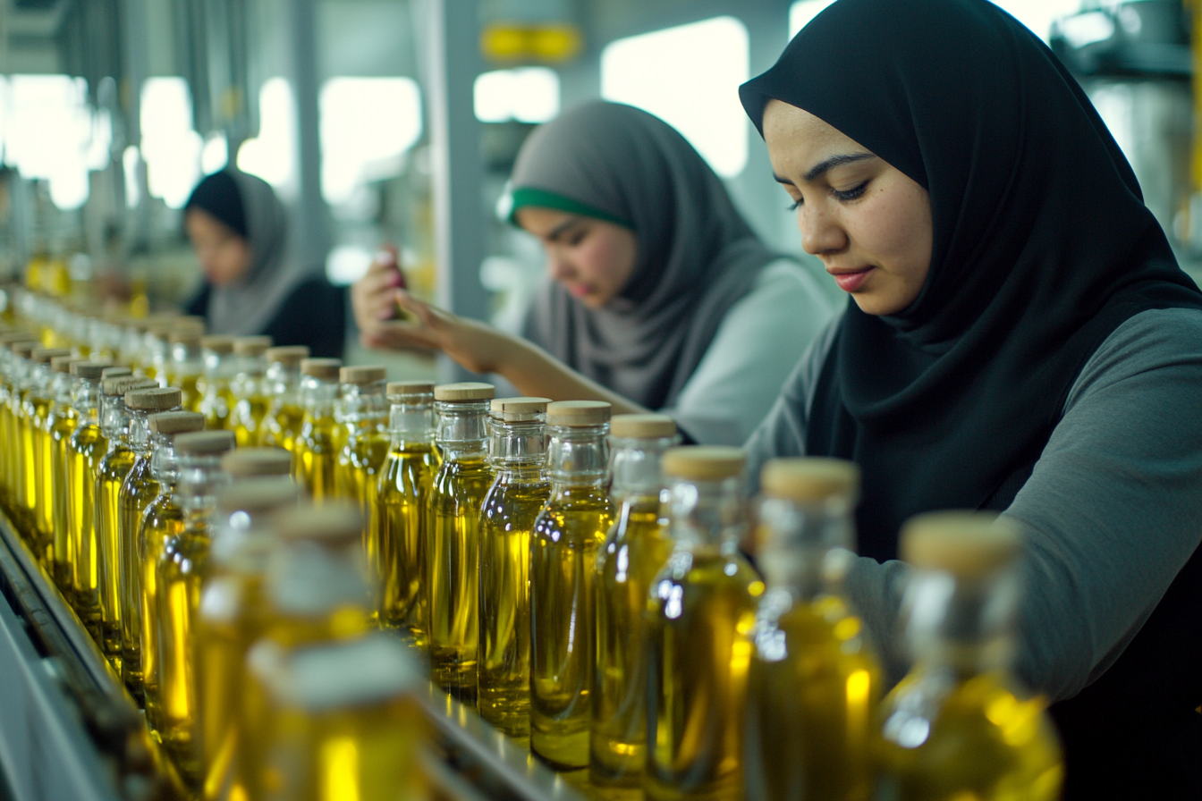 Proud workers label olive oil bottles in factory.