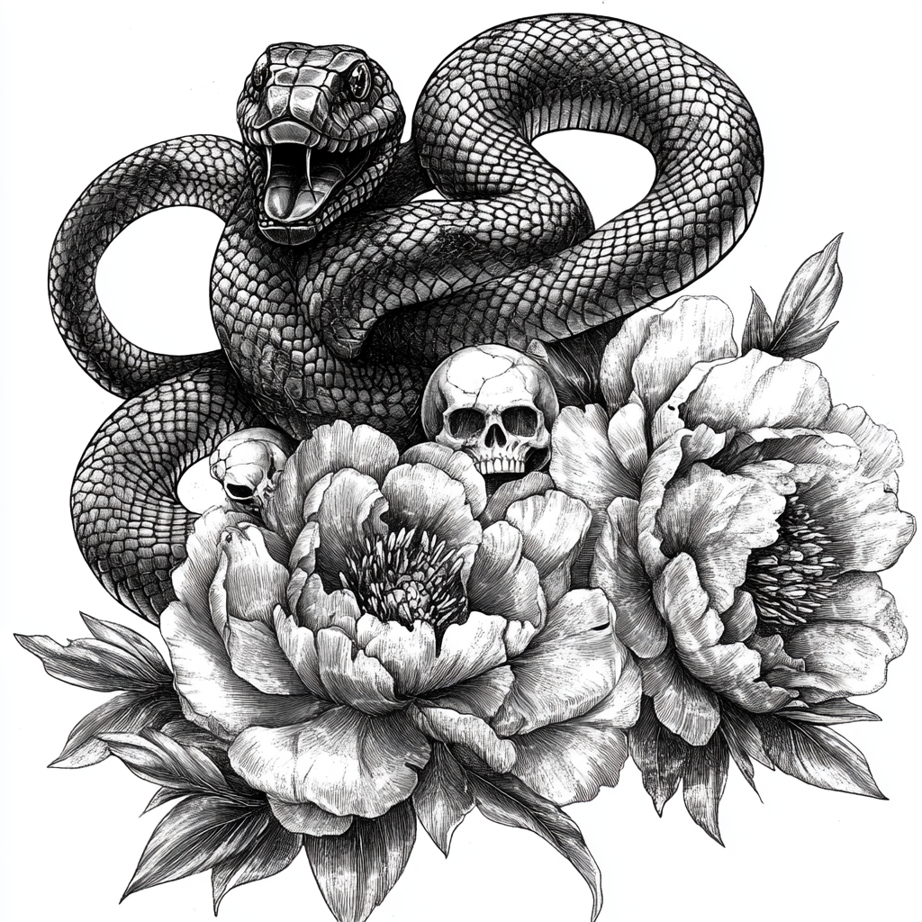 Psychedelic cobra with skulls in peonies, Akira inspired.