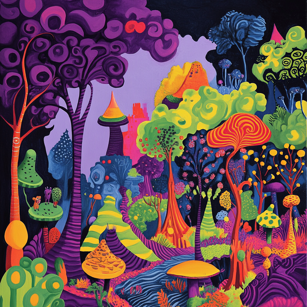 Psychedelic forest fights dark city in colorful battle.