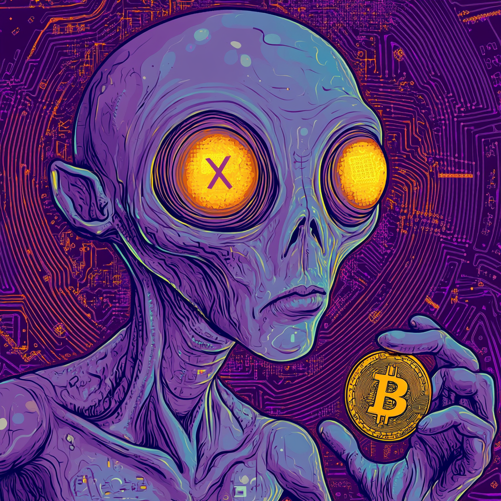 Psychedelic grey alien holding gold coin with X.