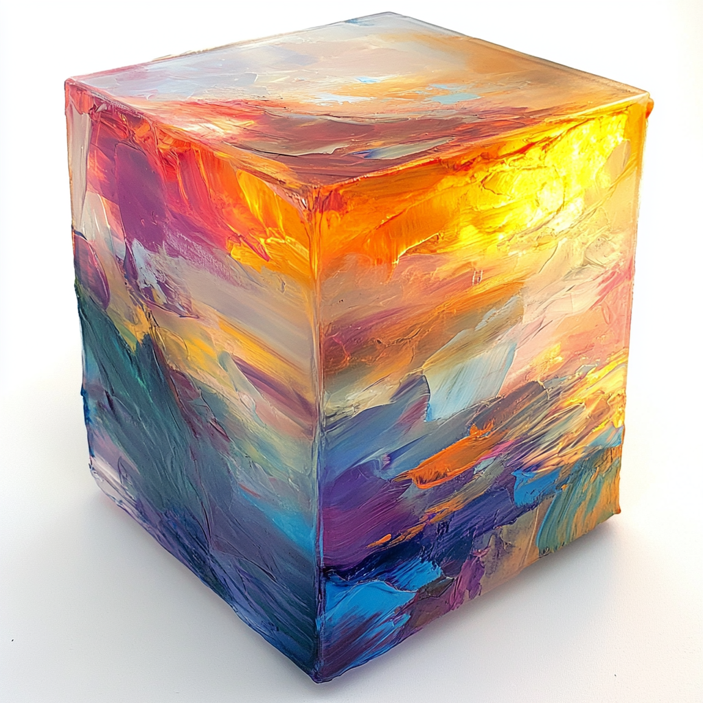 Psychedelic sunrise in glass cube with cinematic lighting, painting.