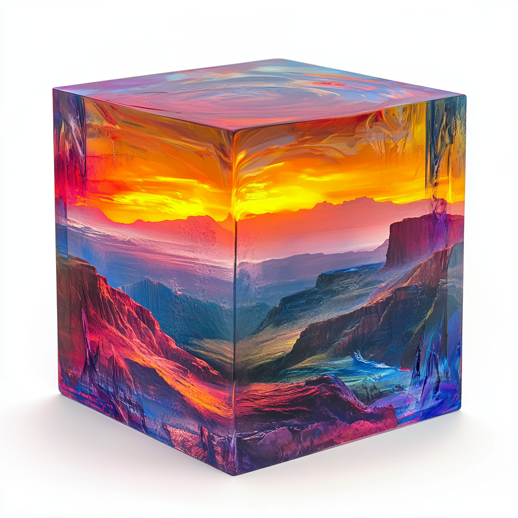 Psychedelic sunrise over Arizona in frosted glass cube.