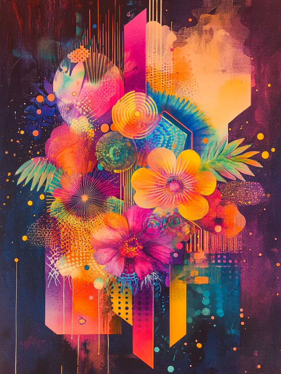 Psychedelic watercolour painting with bold, contrasting colors.