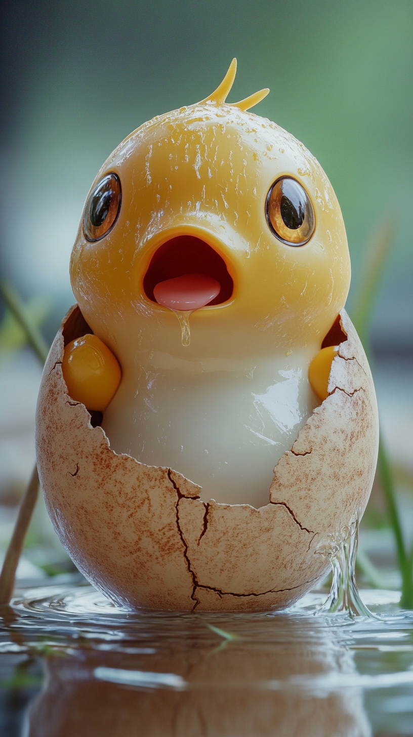 Psyduck emerges from egg looking confused, water droplets dripping.