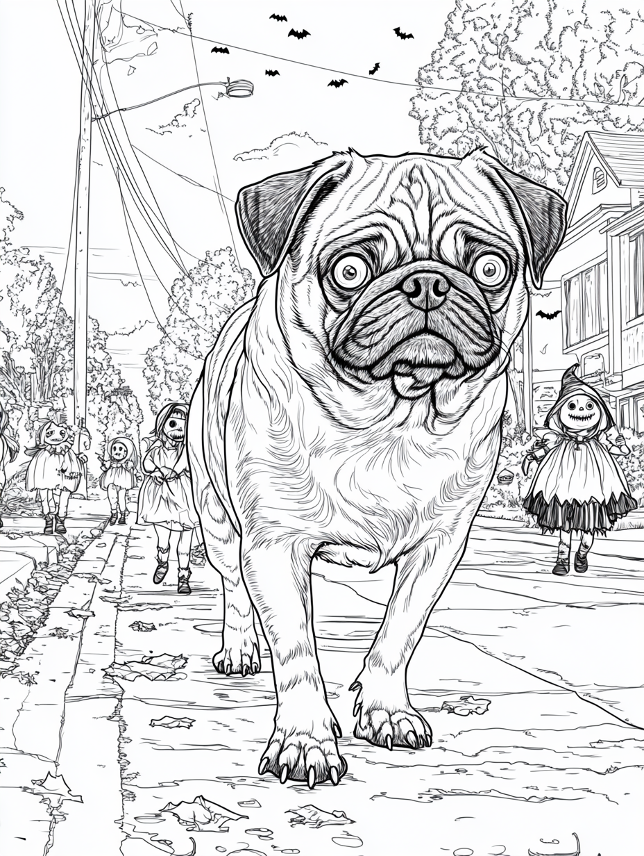 Pugs Halloween Coloring Book Vector Illustration 3:4 