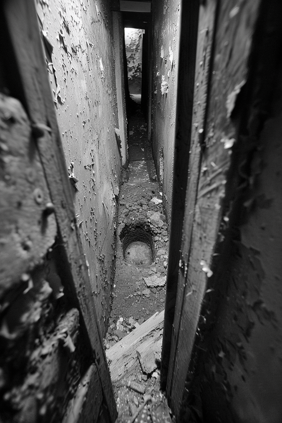 Punji pit in mirror maze, crime scene, black/white.