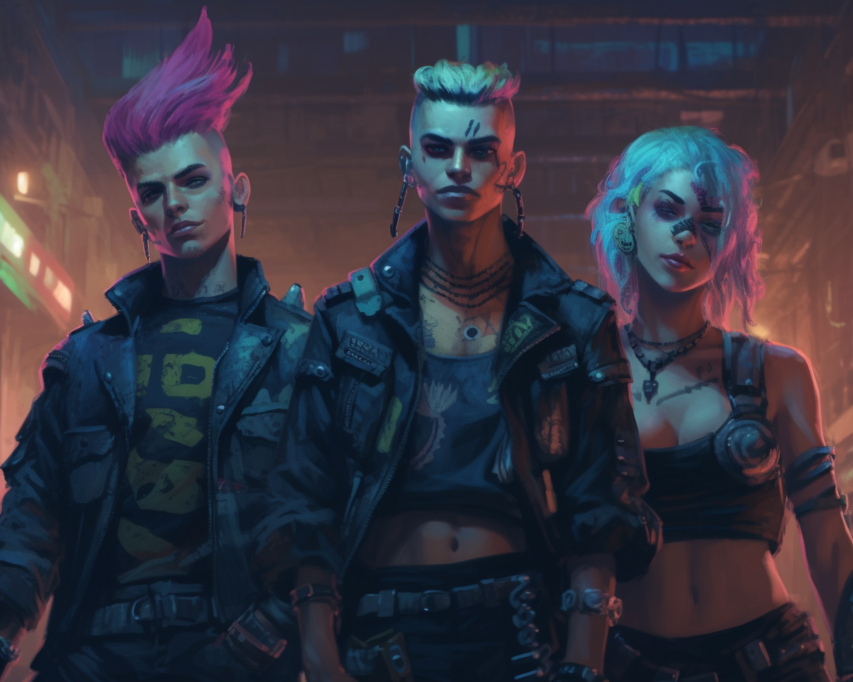 Punk gangers with hair styles in underground city