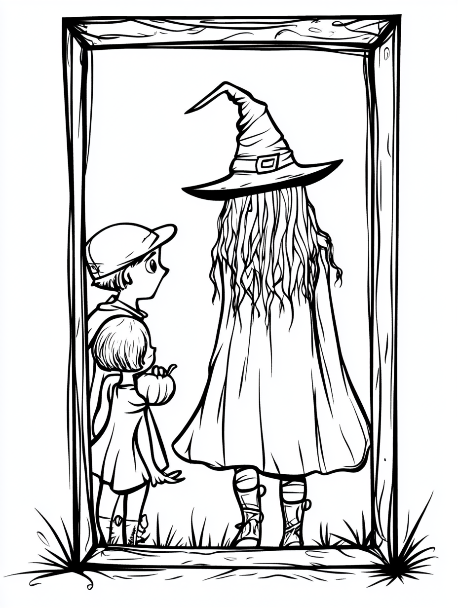 Punk halloween witch following children in mirror page illustration.