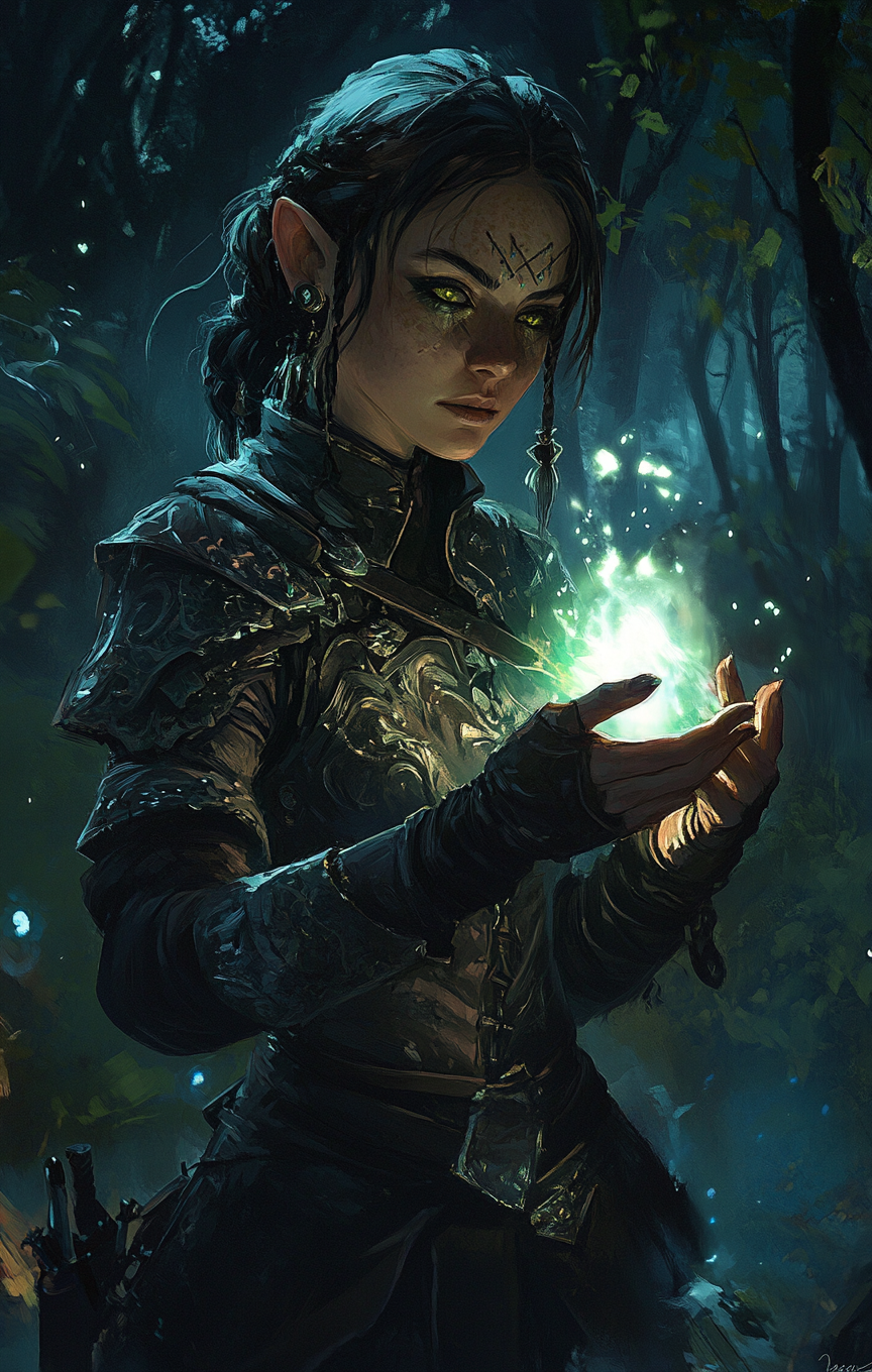 Punk hobbit summoning spirit in banshee armor, forest background.