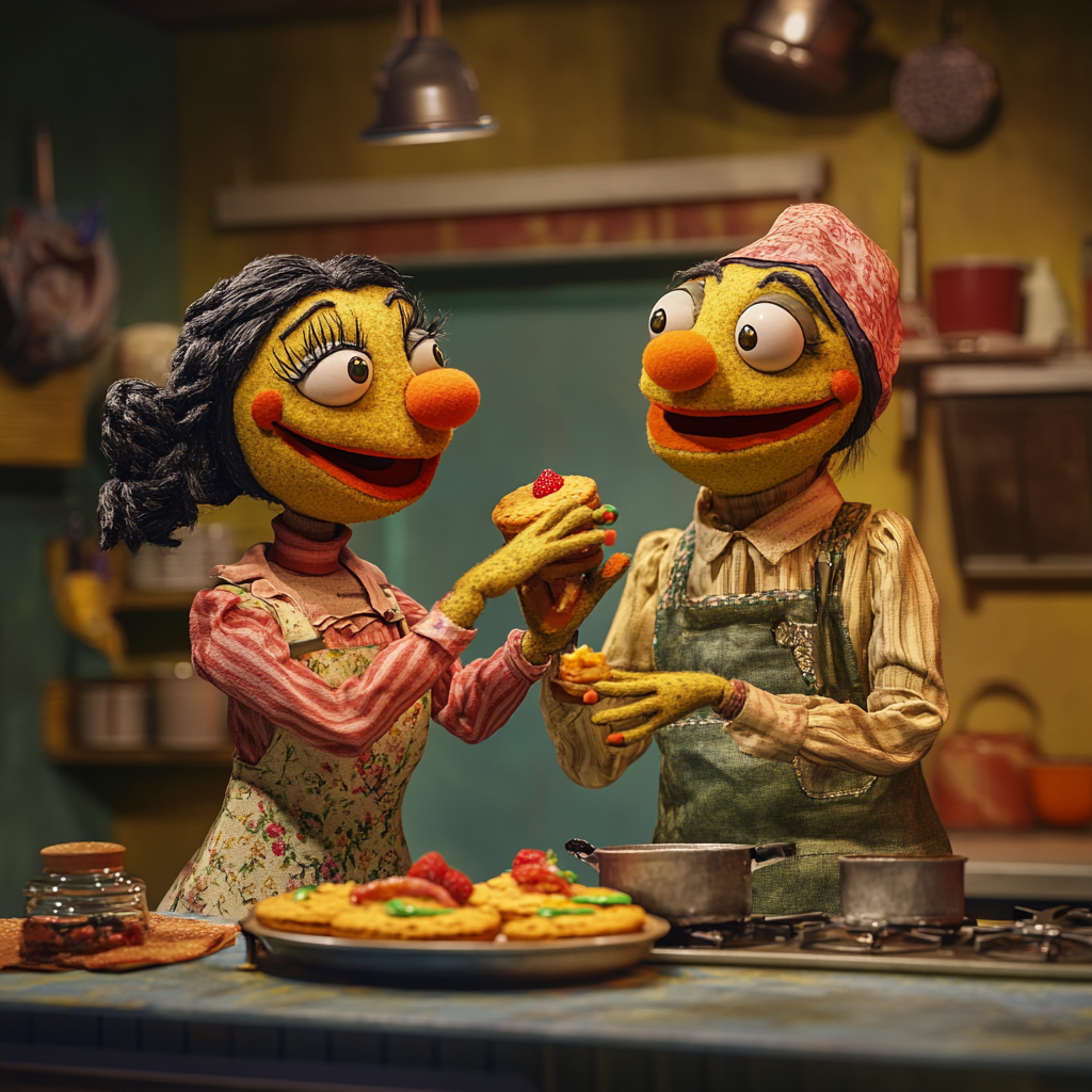 Puppeteer and Woman Puppet Cooking Show Fun