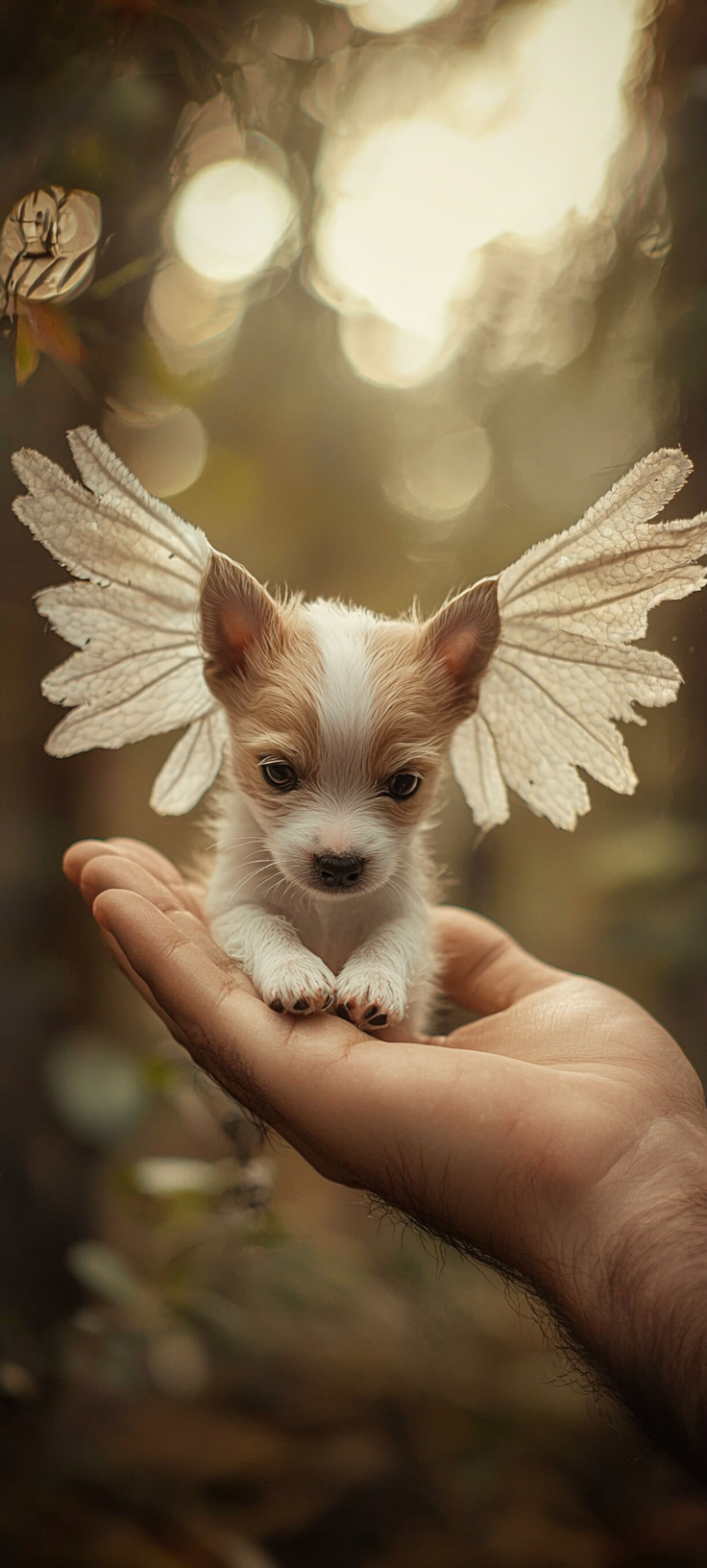 Puppies with wings ready to fly in forest