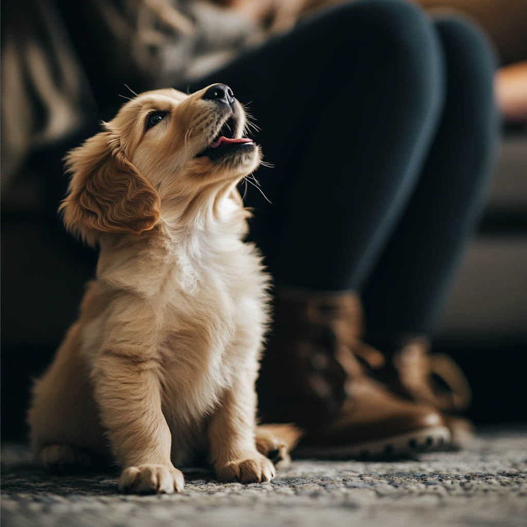 Puppy barking at owner with natural lighting indoors.