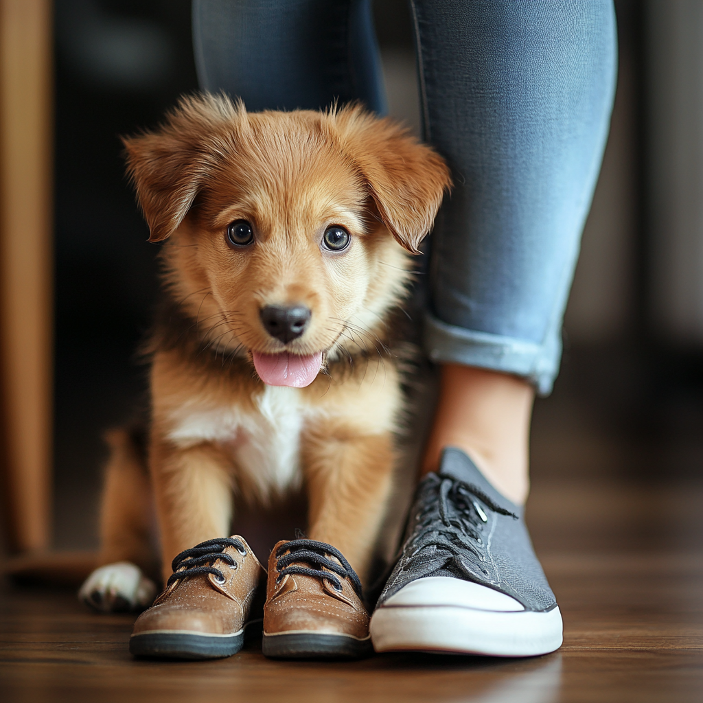 Puppy playing with shoes indoors, owner watching nearby.