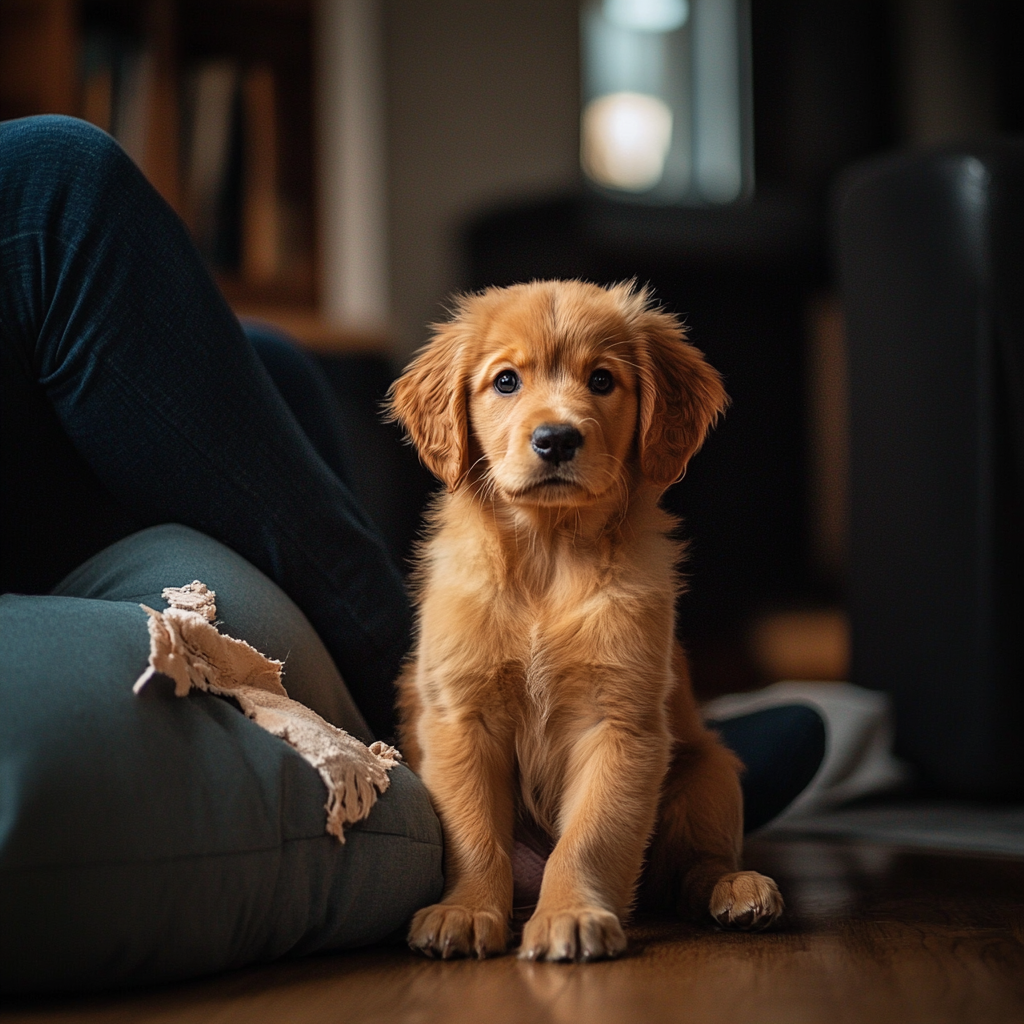 Puppy sitting indoors next to torn pillow near owner.