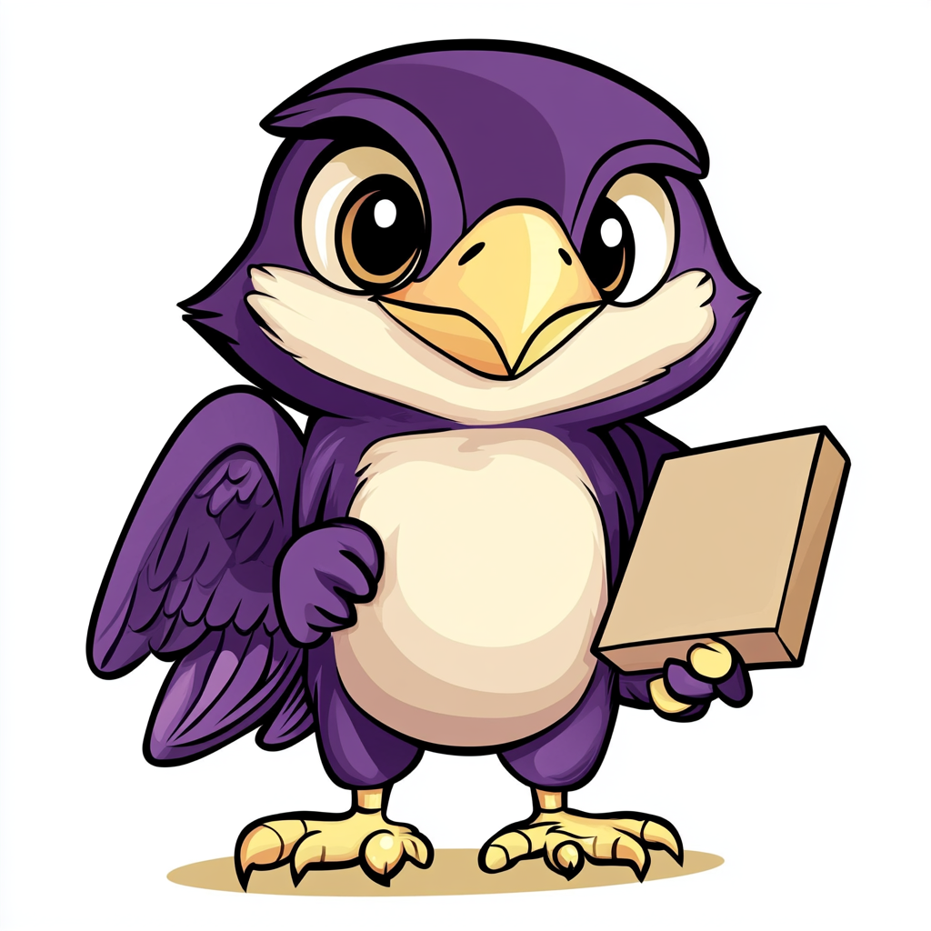 Purple Baby Hawk Mascot Holding Sign