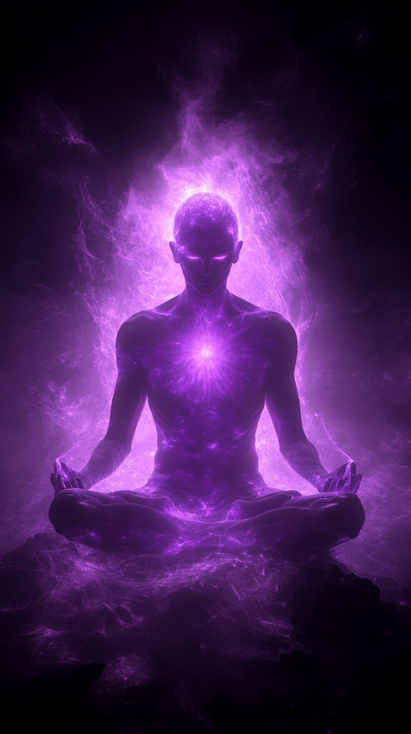 Purple Figure Meditating in Cosmic Energy Halo.