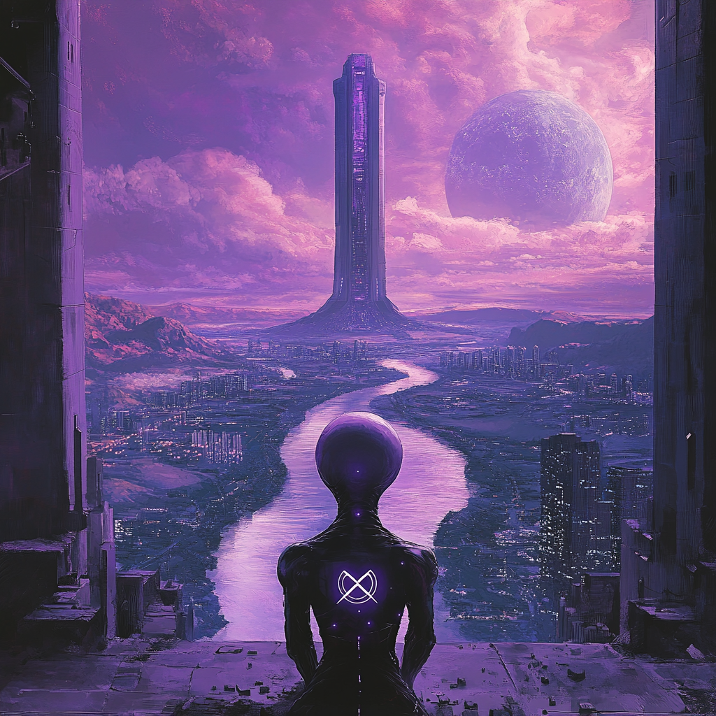 Purple alien admiring river merging into infinity building