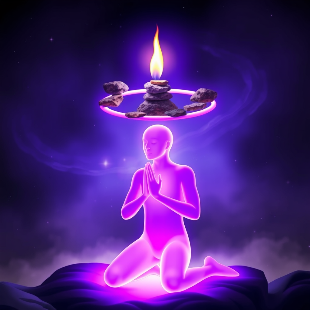 Purple figure with glowing rocks, praying in light.