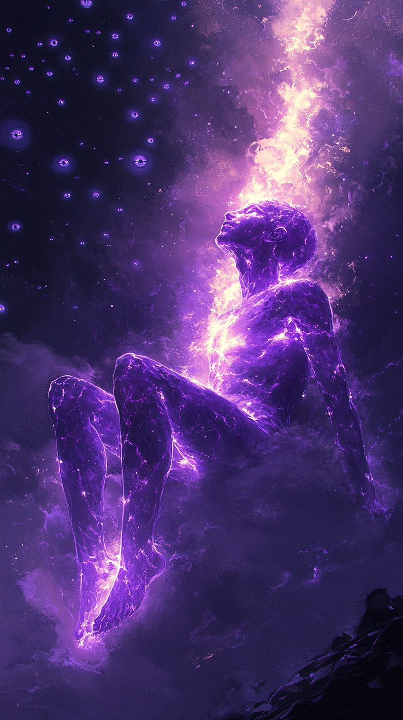 Purple glowing figure sleeps peacefully, watched by many eyes.