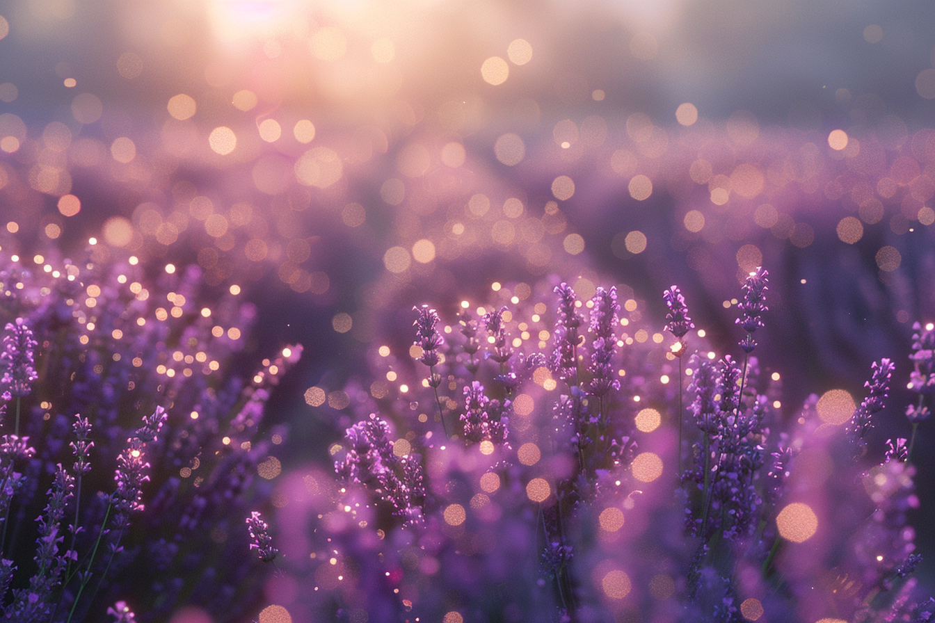 Purple lavender field sunrise, dew drops, mist, ultra-realistic 8K.