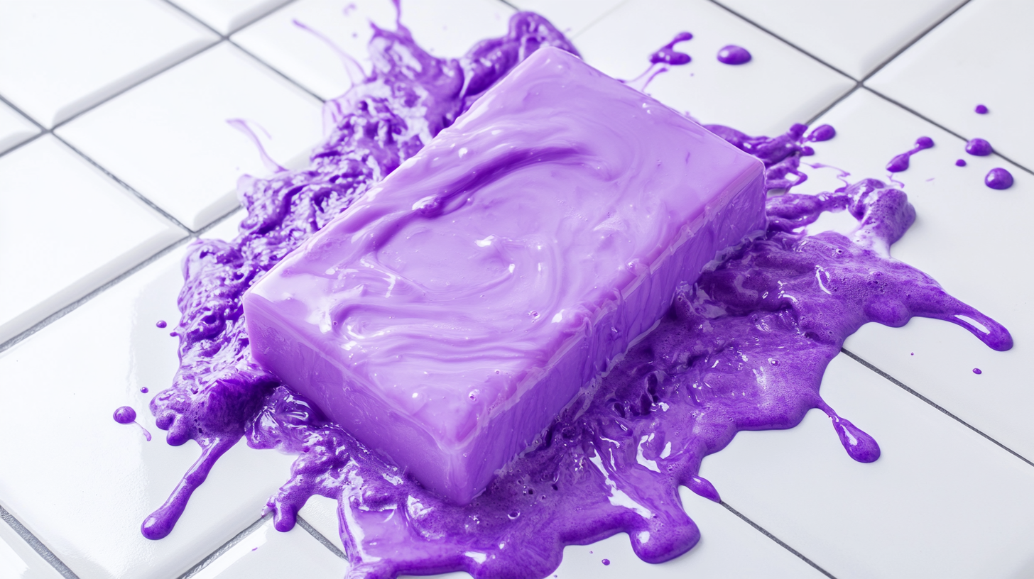 Purple soap bar in colorful water, white bathroom background.