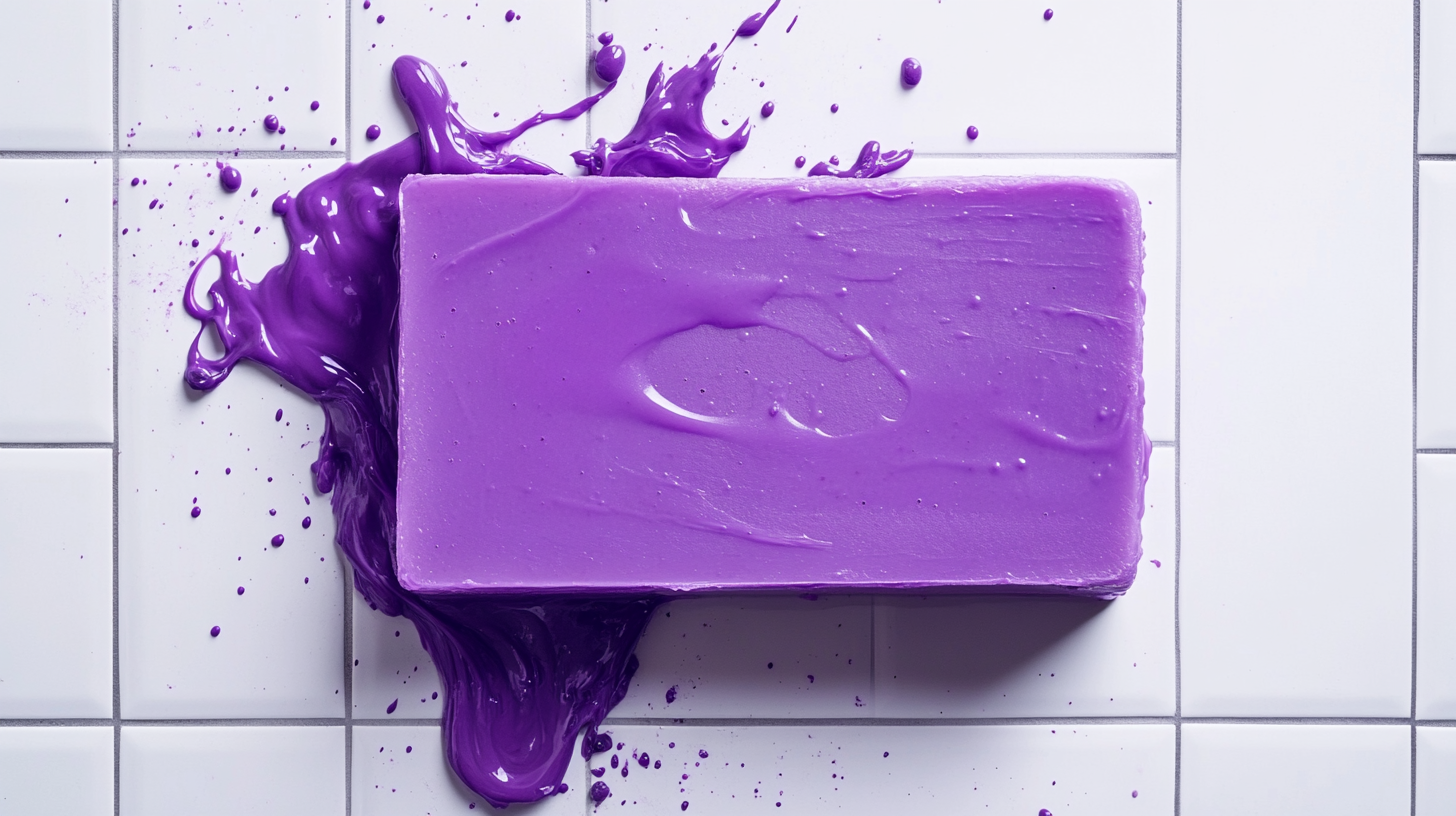 Purple soap bar leaking vibrant color in bathroom.