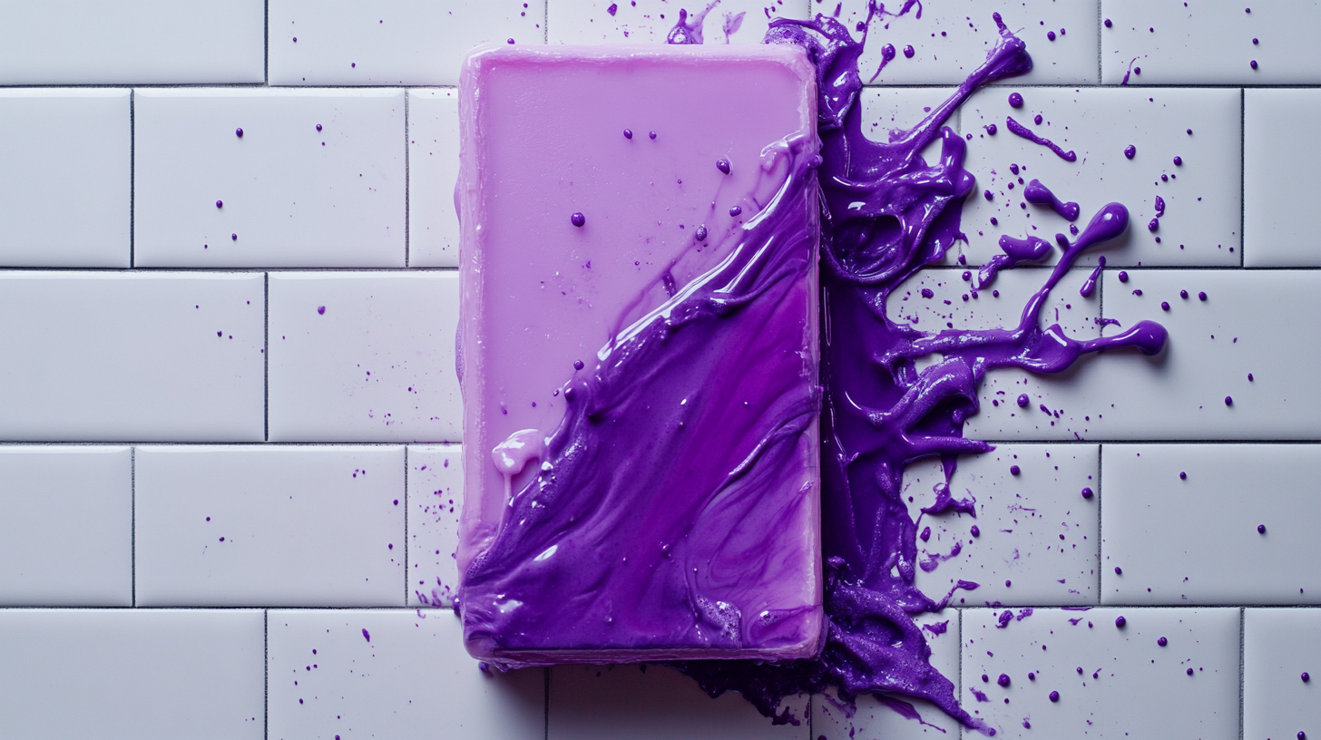 Purple soap bar with colorful water pouring out.