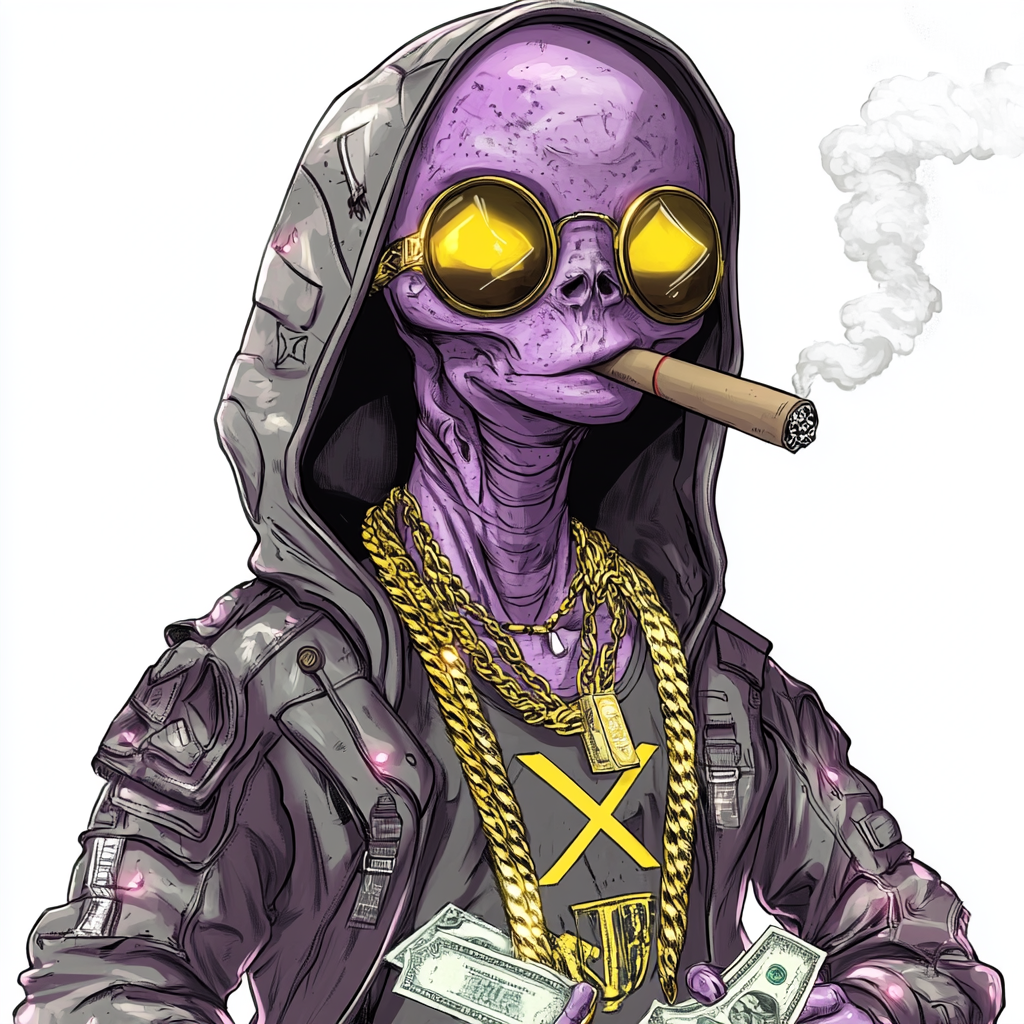 Purple tint alien in high tech armor smoking cigar.