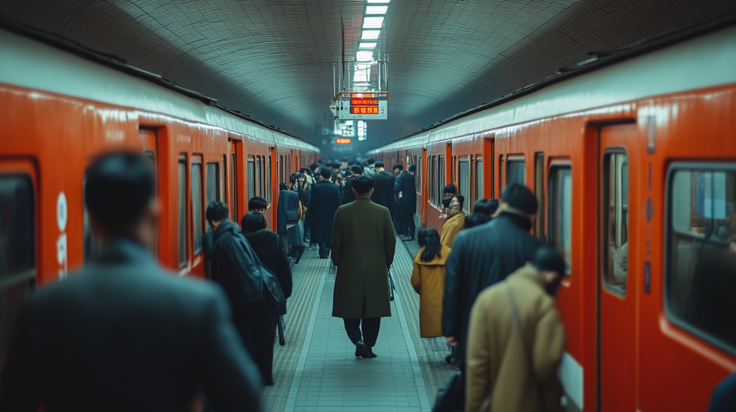 Pyongyang Subway Platform Drama Scene, Passengers Boarding & Exiting