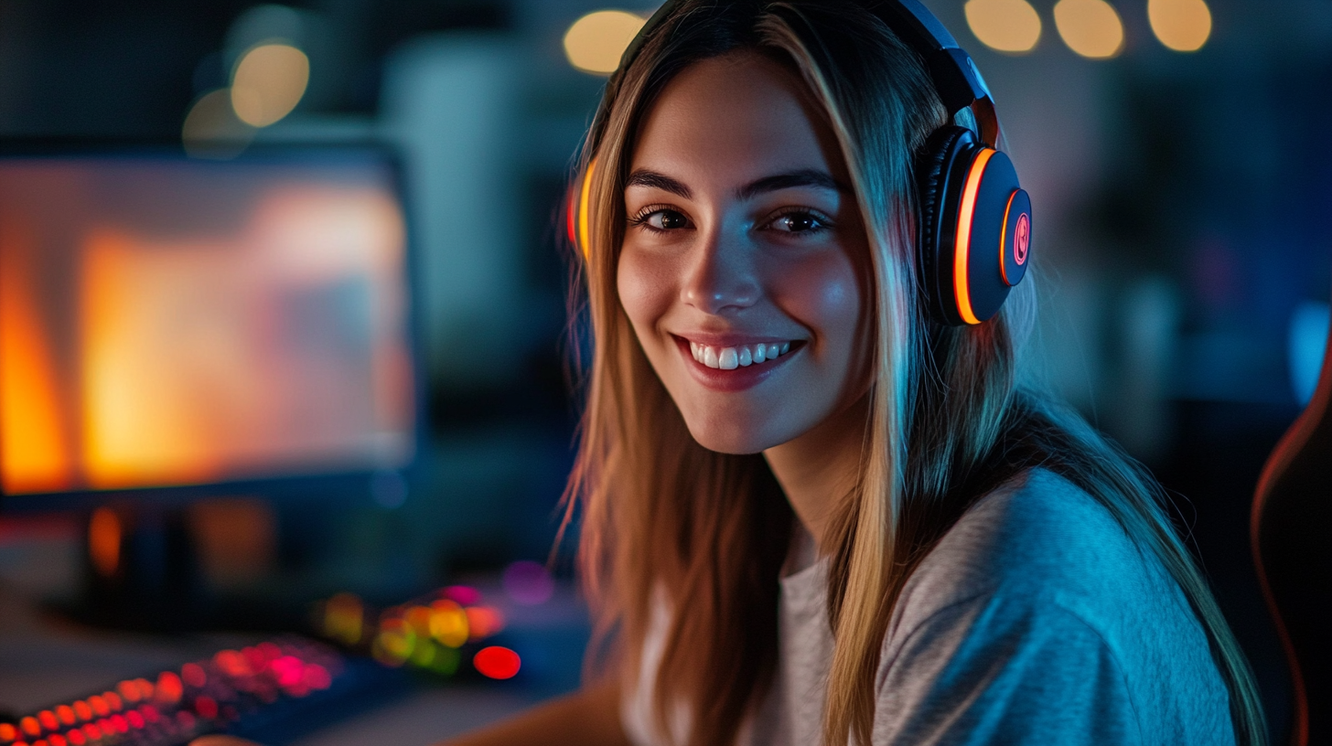 Quality photo of attractive 23-year-old female at computer desk.