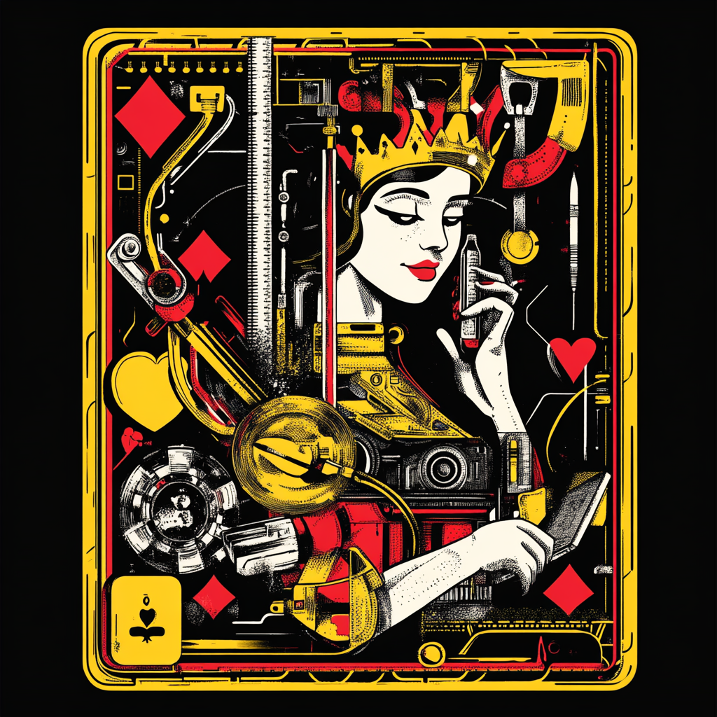 Queen playing card design with tools and tech.