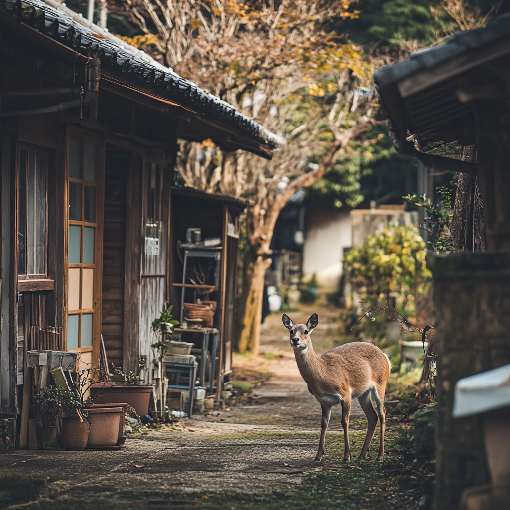 Quiet Japanese village house in autumn, photorealistic image.