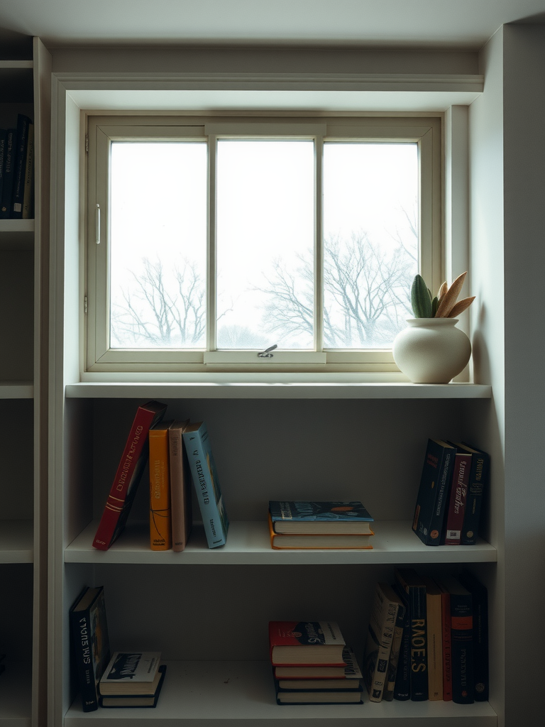 Quiet Library with Books, Dust, and Vase