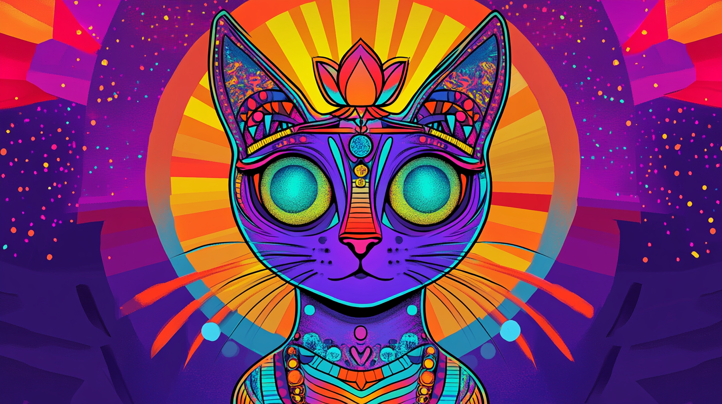 Quirky pop art cat with vibrant colors and patterns.