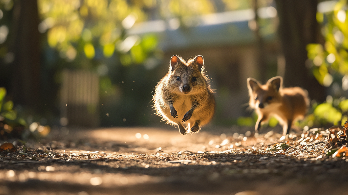 Quokka mother runs, leaves baby near hungry fox. Sunny.