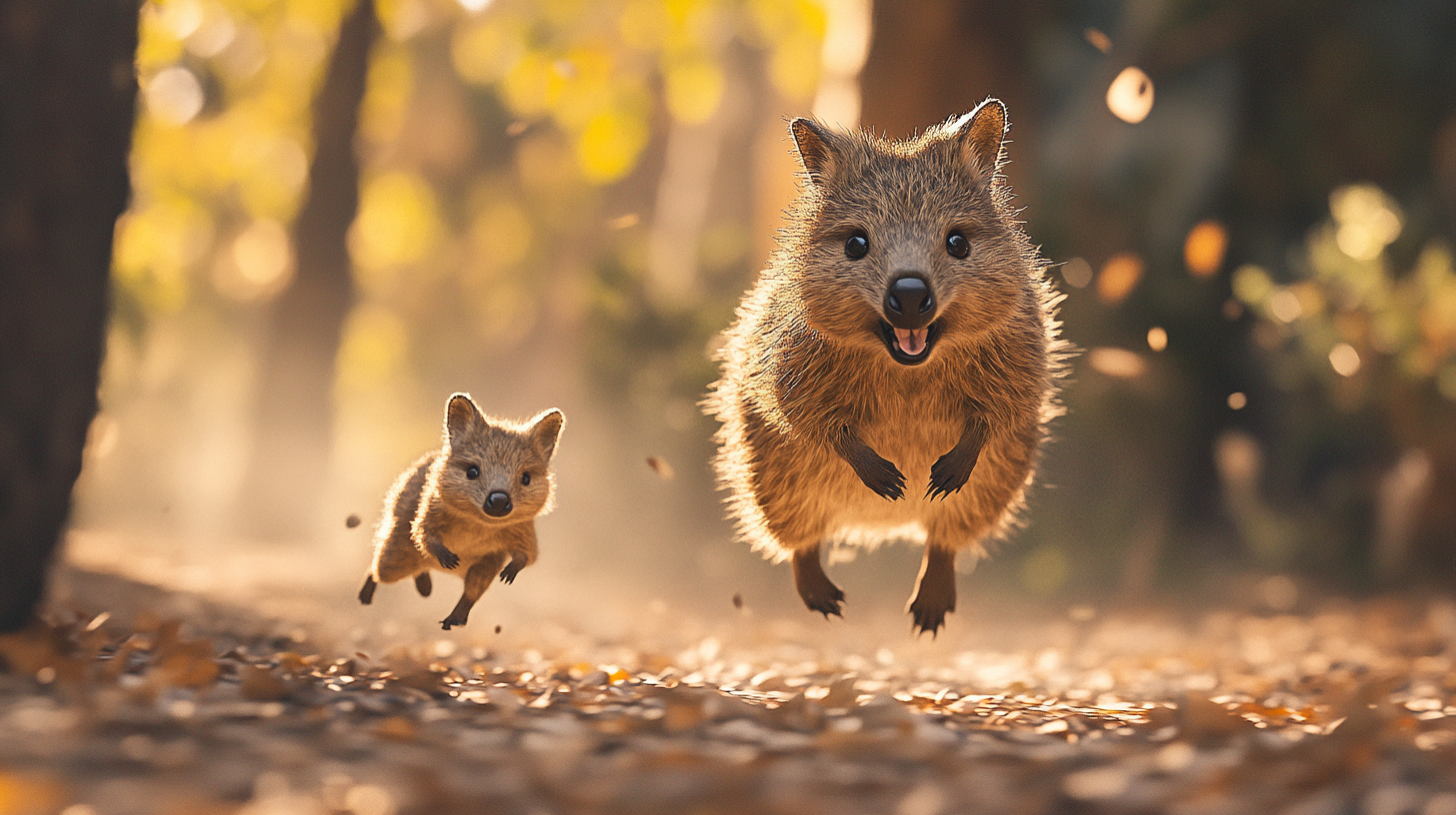 Quokka mother runs, leaving baby chased by fox predator.