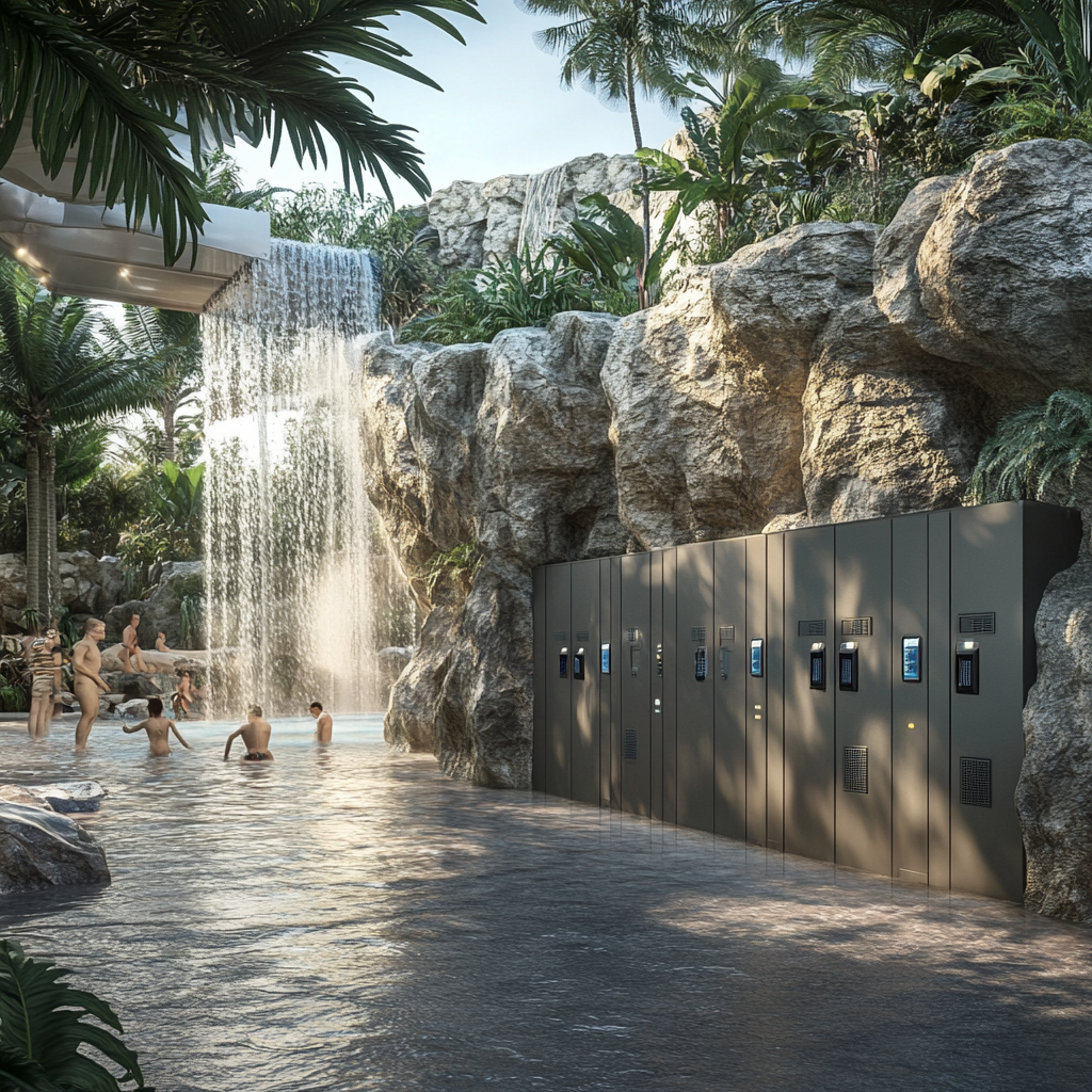 RFID lockers in rock at waterpark with technology.