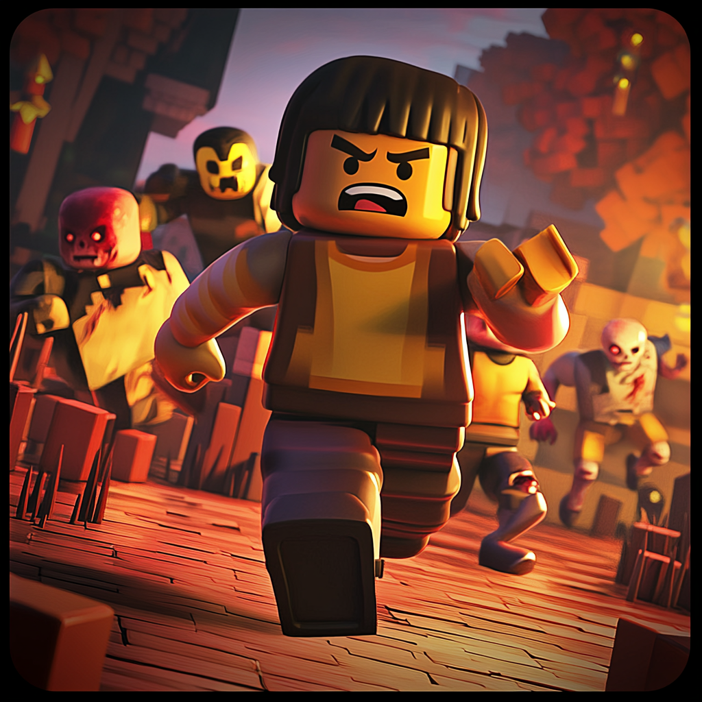 ROBLOX player running from zombies, jumping obstacles. Bright colors.