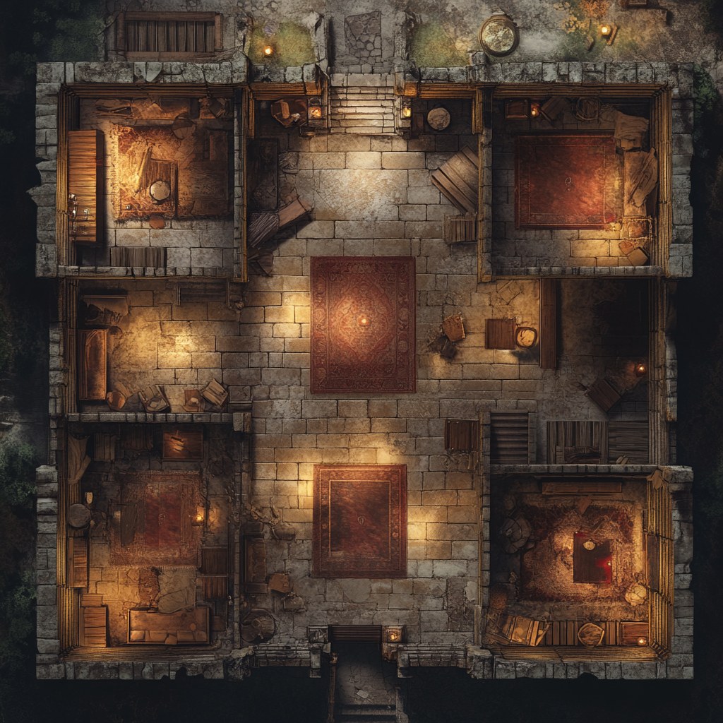 RPG map of a fort ground floor at night