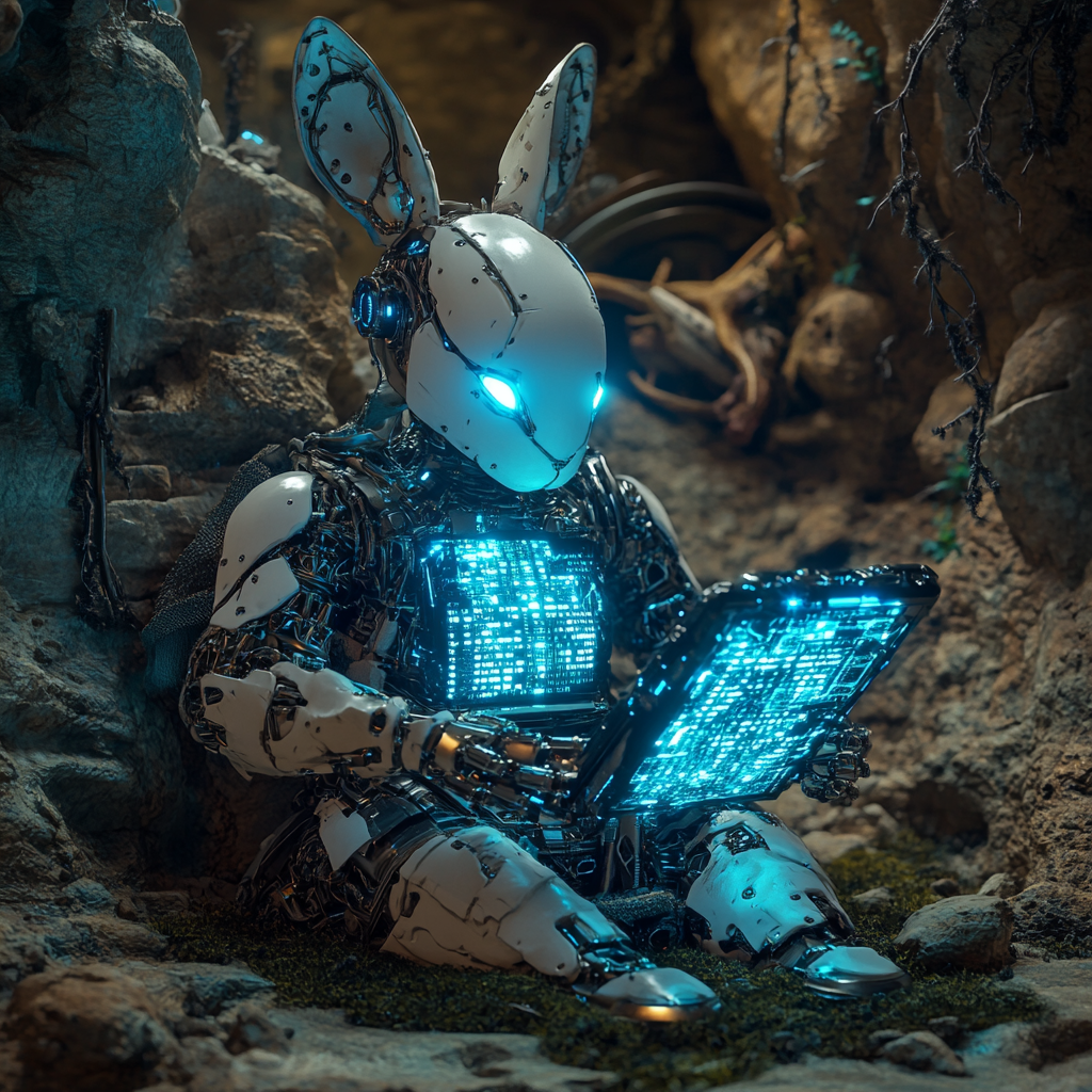 Rabbit Robot Coding in Prehistoric-Futuristic Cave