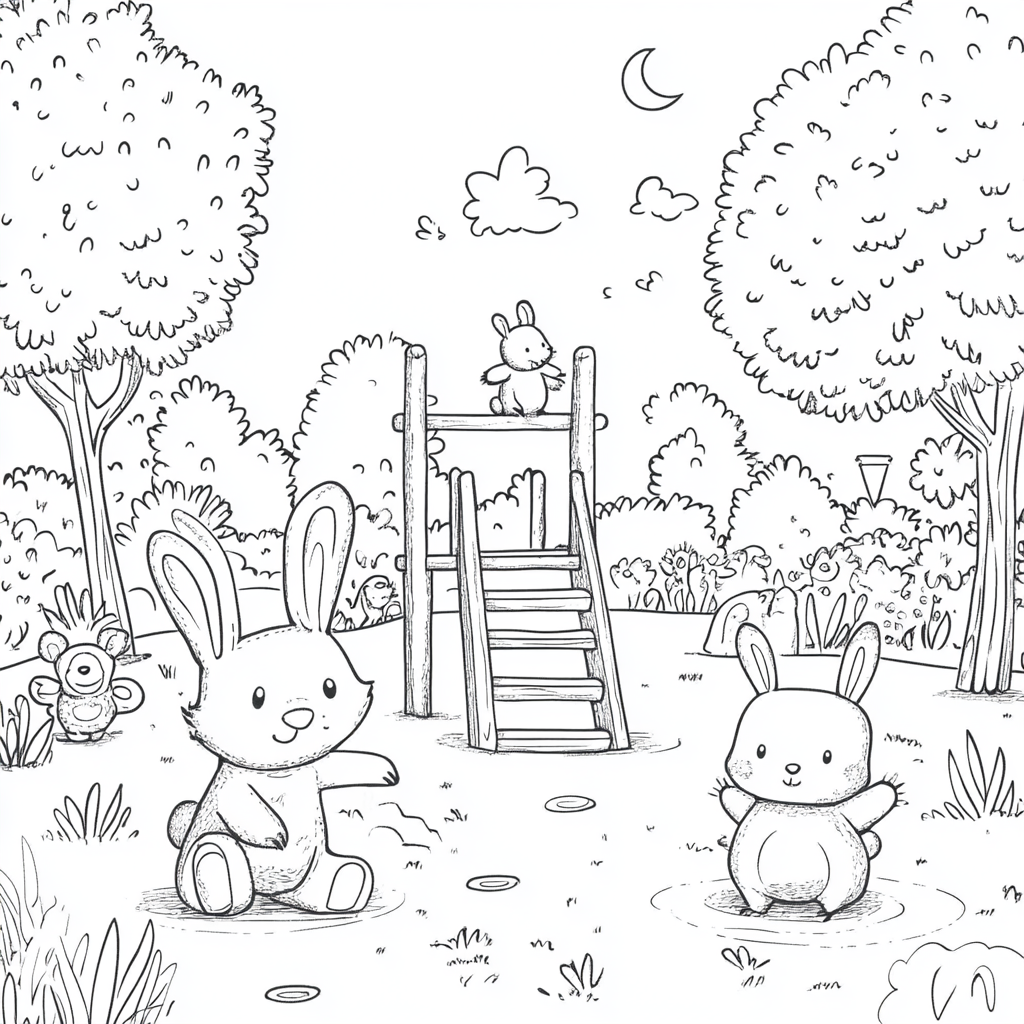 Rabbit and Bear on Playground Coloring Page