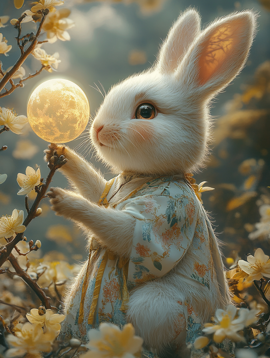 Rabbit holding moon, osmanthus tree, clouds, flowers, moonlight, Pixar-style.